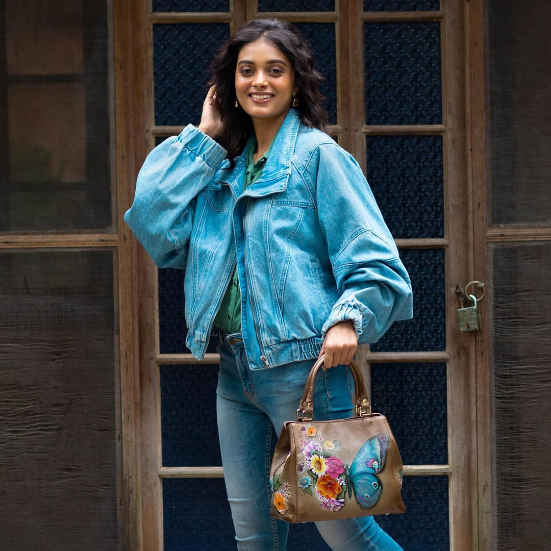 Anuschka Handbemalte Satchel Tasche mit mehreren Fächern aus Echtleder Butterfly Blooms Bronze, Butt