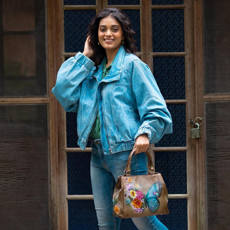 Anuschka Handbemalte Satchel Tasche mit mehreren Fächern aus Echtleder Butterfly Blooms Bronze, Butt