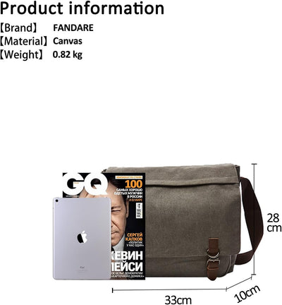 FANDARE Retro Umhängetasche Segeltuch Schultertasche Herren Damen Lehrertasche Briefträgertasche für