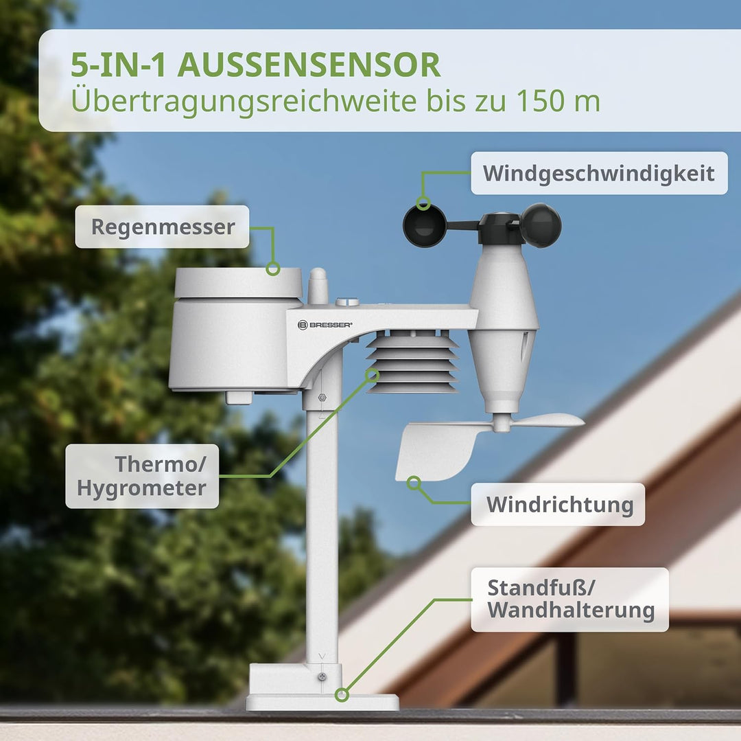 Bresser Wetterstation Funk mit Aussensensor Wetter Center 5-in-1 Beaufort mit grossem Farbdisplay, S