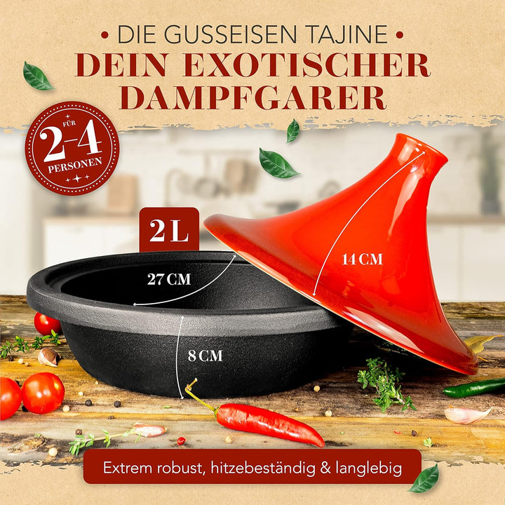 KRUSTENZAUBER Tajine Topf 2-4 Personen - Hochwertige 27cm Gusseisen Tajine Orientalisch - Tajine Ind