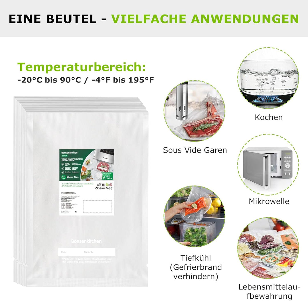Bonsenkitchen Vakuumierbeutel 28x40 cm, 100 Beutel Profi-Folienbeutel für alle Vakuumiergerät, vakuu