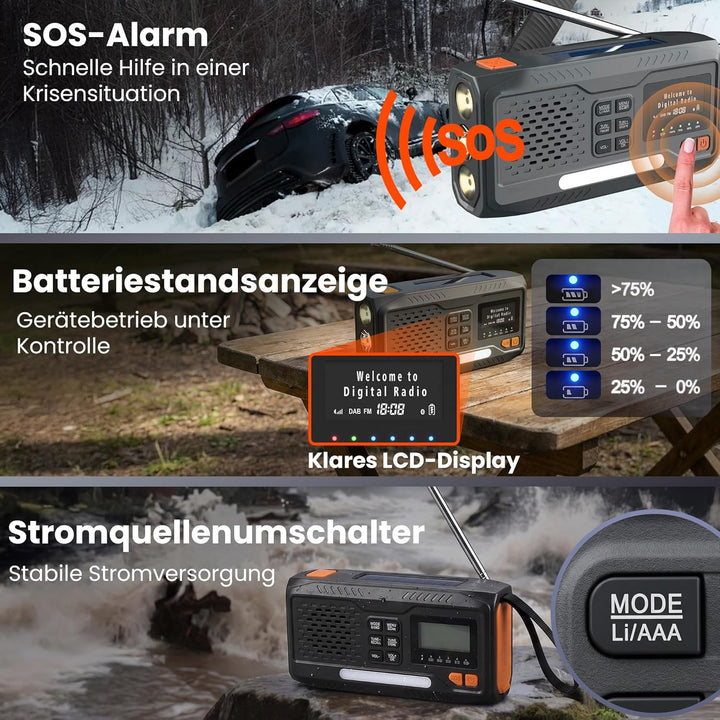 Extralink Kurbelradio Notfallradio mit Solar & Kurbel, Ladefunktion 4500 mAh, FM & DAB Radio mit Blu