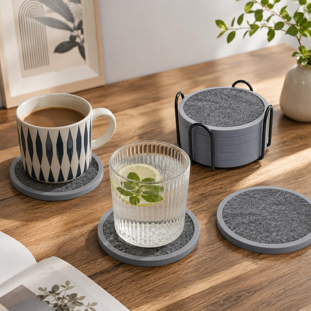 Silikon-Untersetzer Set 6 Stück - rutschfeste Getränkeuntersetzer mit 6 Saugfähigen Filzeinsätzen (W