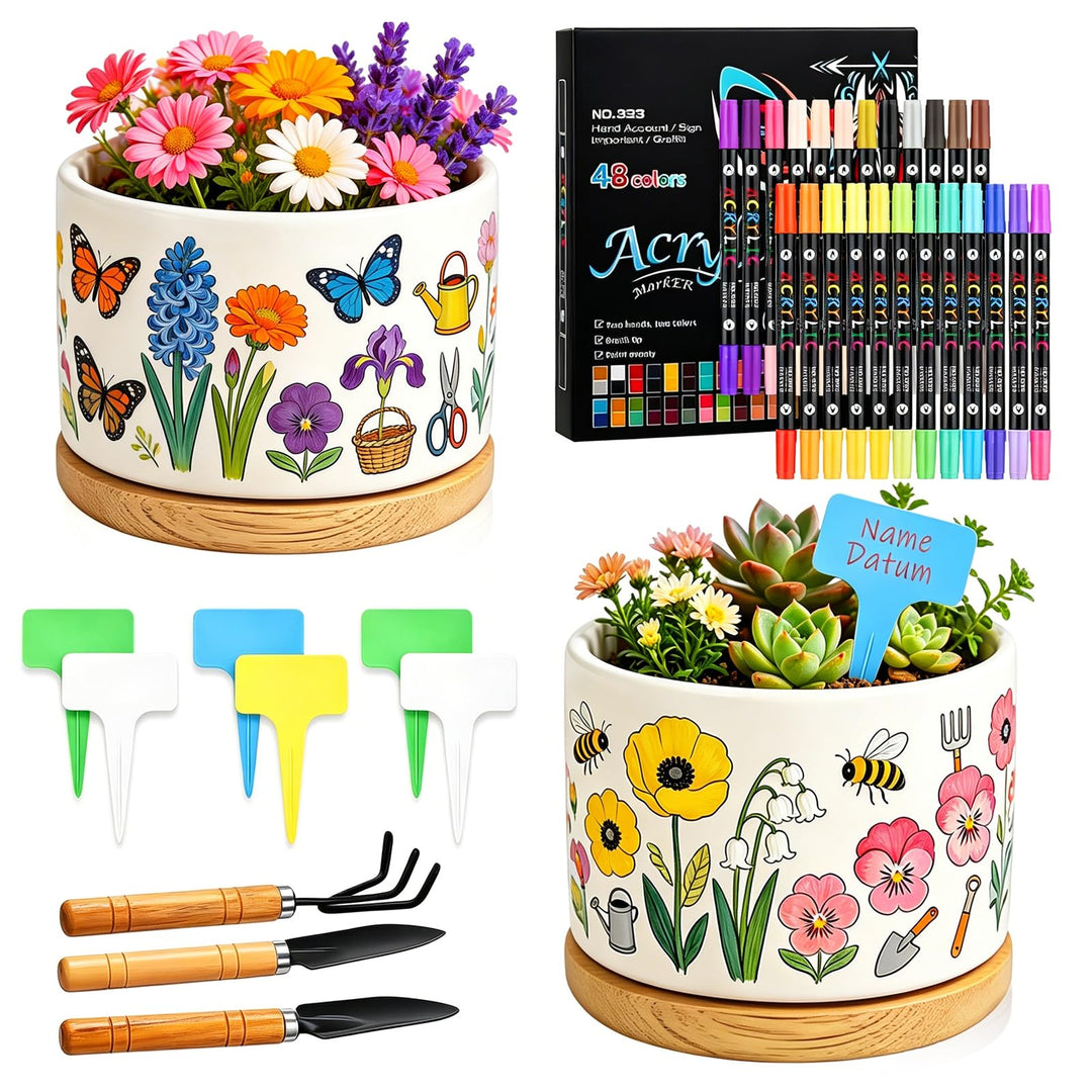 DIY-Keramik Bemalen Set Blumentopf zum Bemalen Kinder Blumentöpfe (Rund) | mit 2 Töpfen Gartenwerkze
