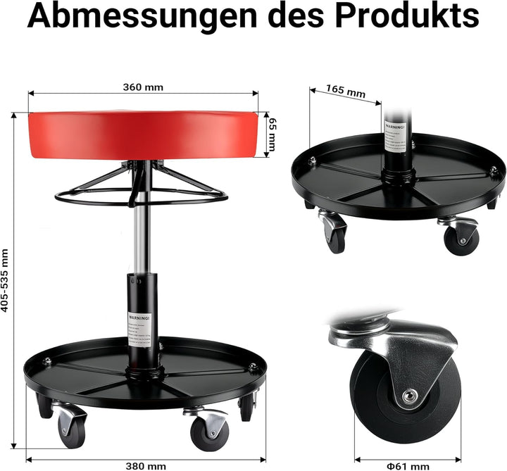 Wiltec Rollhocker höhenverstellbar 40,5-53,5 cm, gepolsterter Hocker mit Rollen bis 150 kg, Werkstat