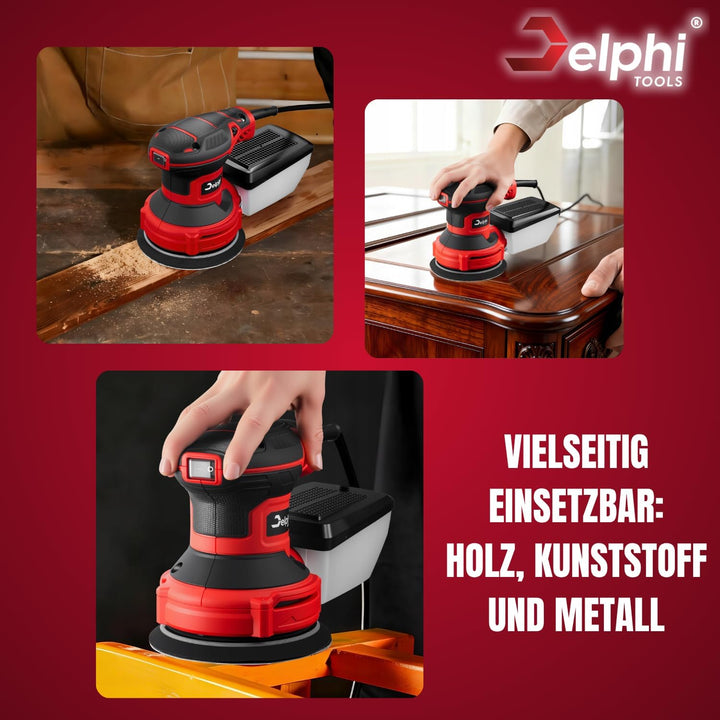 Delphi Exzenterschleifer 125mm mit Absaugung und 20 Schleifpapieren - Exenterschleifmaschine 300W mi