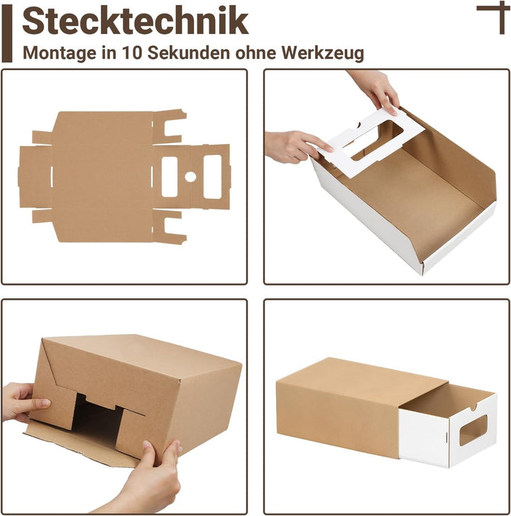 10x Schuhaufbewahrung WEISS/BRAUN mit Sichtfenster – Faltbare Aufbewahrungsbox 35×23×13,5 cm Stapelb