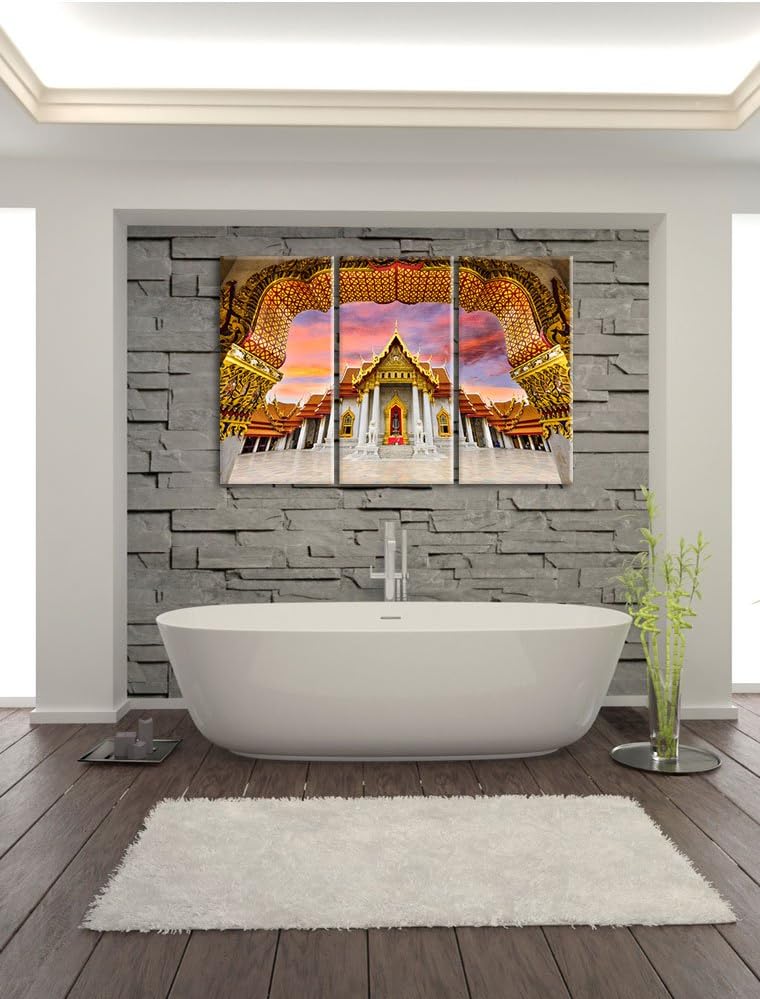 Pixxprint Marmortempel von Bangkok als Leinwandbild | Grösse: 3 Teilig (120x80) | Wandbild| Kunstdru