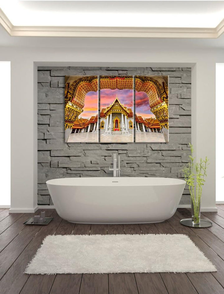Pixxprint Marmortempel von Bangkok als Leinwandbild | Grösse: 3 Teilig (120x80) | Wandbild| Kunstdru