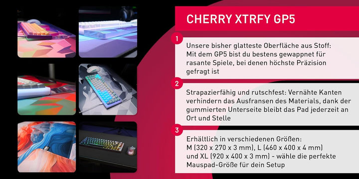 CHERRY XTRFY GP5, Gaming-Mauspad aus Stoff in M (320 x 270 x 3 mm), Glattes Speed-Pad für Präzision,