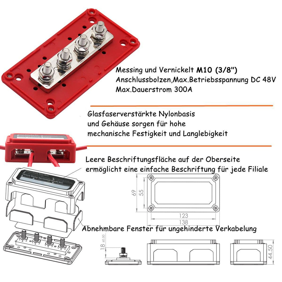 Sammelschiene 12v - 48v DC Busbar 300A M10 Verteilerschiene Geländewagen Masseverteiler Boot Camper