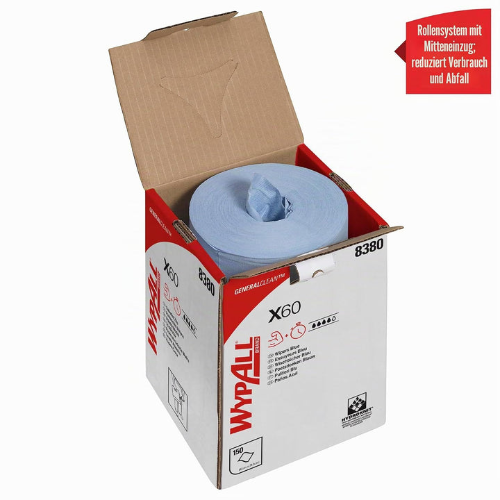 WypAll X60 Reinigungstücher 8380 – Putzrolle mit Zentralentnahme, blau - 1 blaue Putzrolle mit Zentr