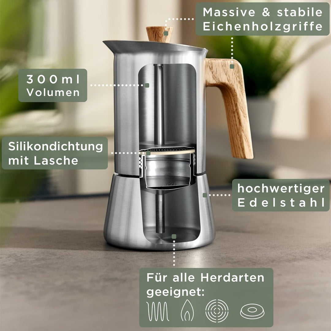 WALDWERK Espressokocher (300ml) - Espressokocher Induktion für alle Herdarten geeignet - Mokkakanne