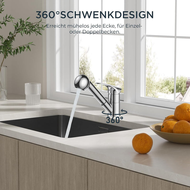FORIOUS Wasserhahn Küche Polierter Chrom, Edelstahl Spültischarmatur mit Brause, Einhebelmischer Küc