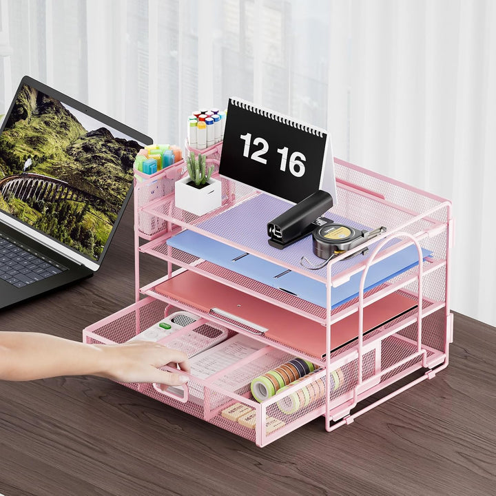 Marbrasse Schreibtisch Organizer Tablett,4 Ebenen Papier Briefablage Organizer mit Schublade und 2 S