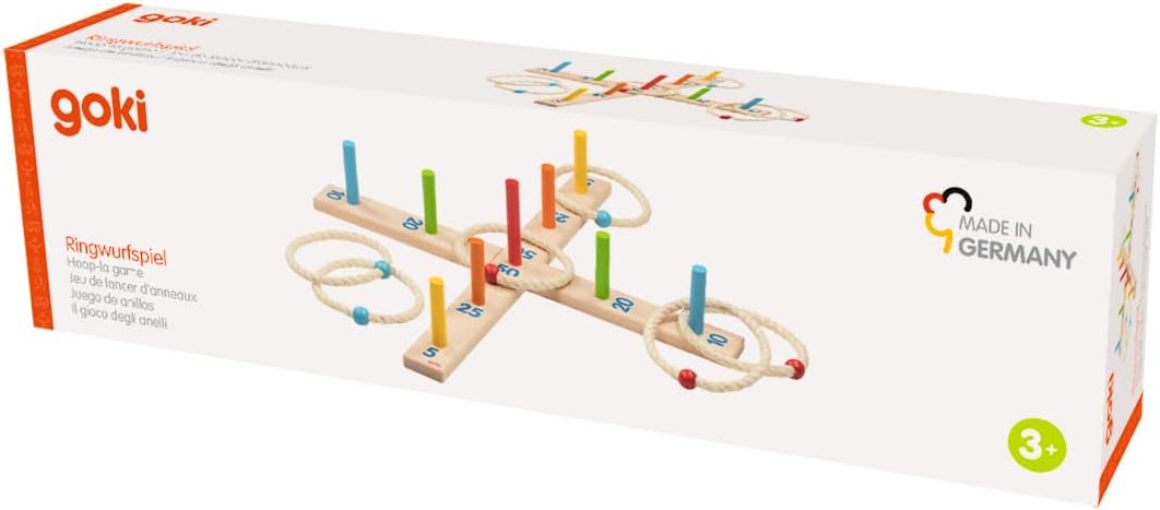 goki 56801 - Ringwurfspiel mit 6 Sisalringen, Holz-Geschicklichkeitsspiel, 49x49cm, MADE IN GERMANY,
