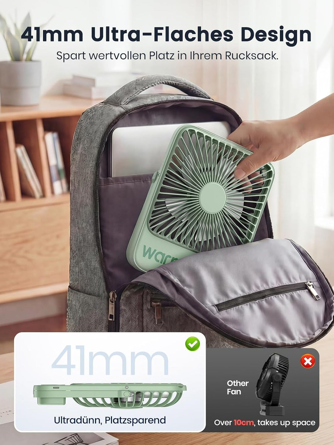 Warmco 10000mAh Tragbarer Ventilator 21 cm Hoch, Bis zu 24h Laufzeit, Ultra-dünn Leise Akku Tischven