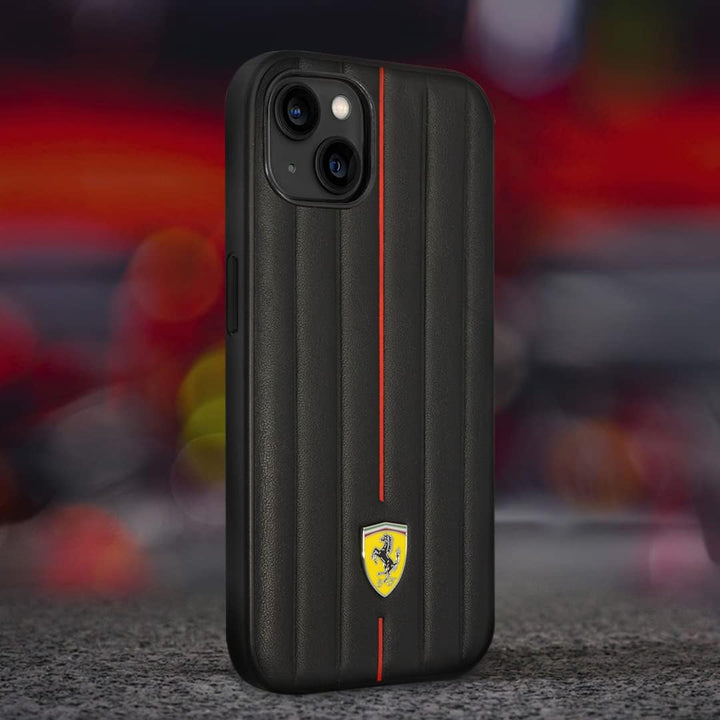 Ferrari Handyhülle für iPhone 14 Plus in Schwarz geprägten Streifen Schutzhülle Leder Strapazierfähi
