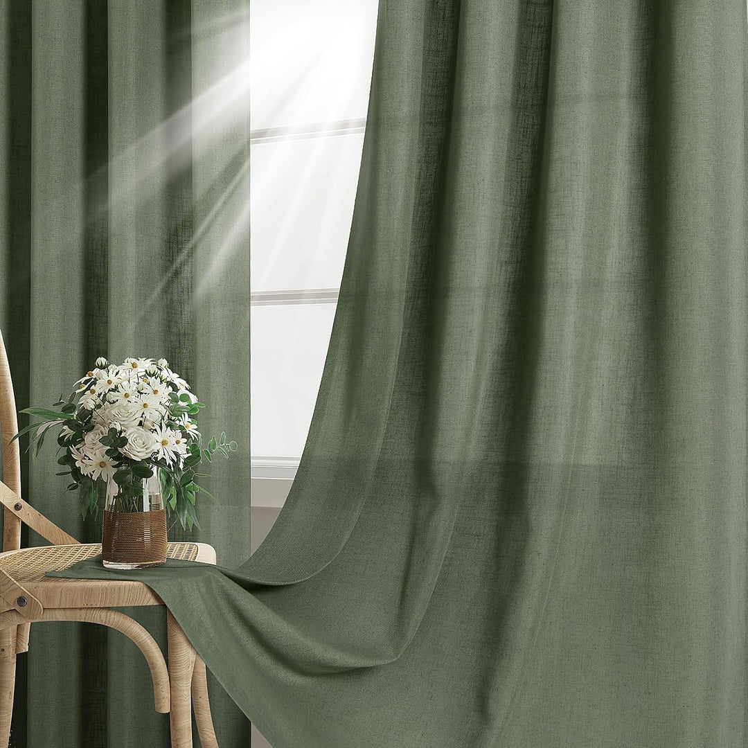 Grüne Leinen-Vorhänge, 137 cm Länge, 2 Paneele für Küche, Esszimmer, Ösen, Lichtfilterung, halbtrans