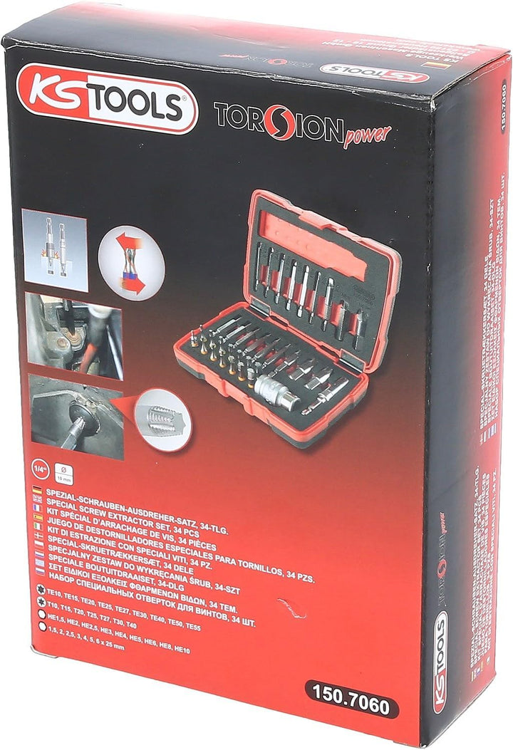KS Tools 150.7060 1/4" + 10 mm Torx- und Innensechskant-Schrauben-Ausdreher-Satz, 34-tlg