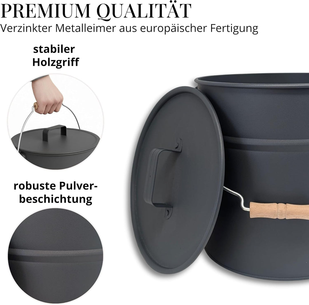 LIVLIG Premium Ascheeimer mit Deckel 12L Anthrazit, verzinkter Eimer mit Deckel für Moderne Kamine,