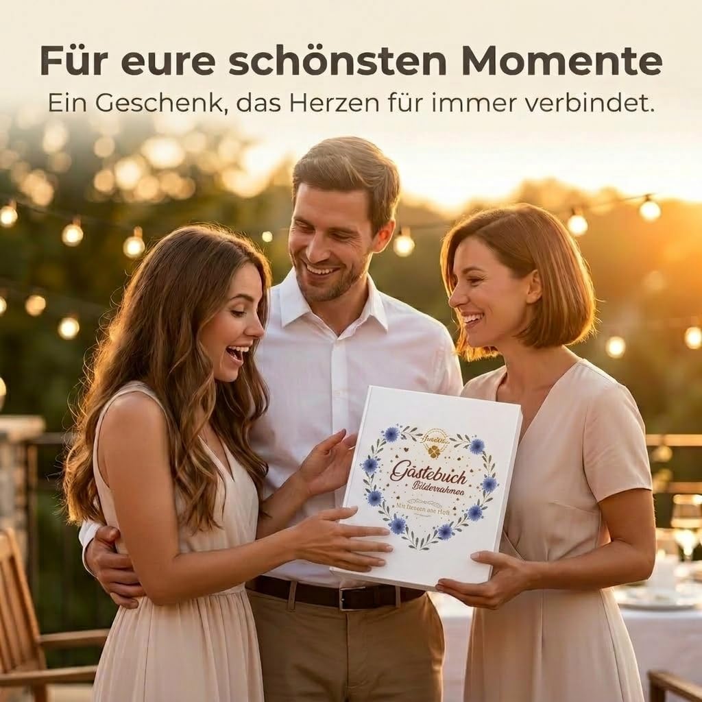 Jandiklee Gästebuch Holzrahmen inkl. Herzen aus Holz für Hochzeit, Taufe, Geburtstag (Fotorahmen Dia