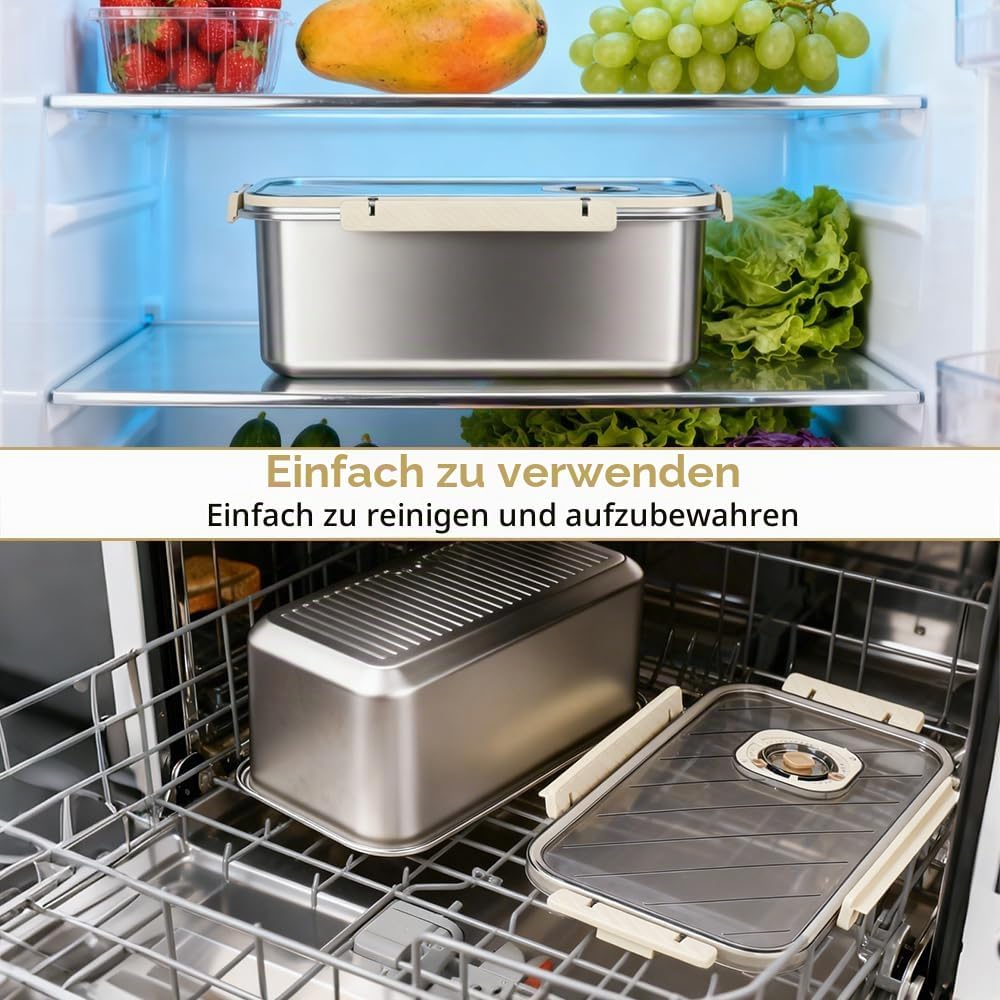 Brotkasten aus Edelstahl mit Zeitschaltuhr, Brotkasten Gross, luftdichter Aufbewahrungsbehälter für