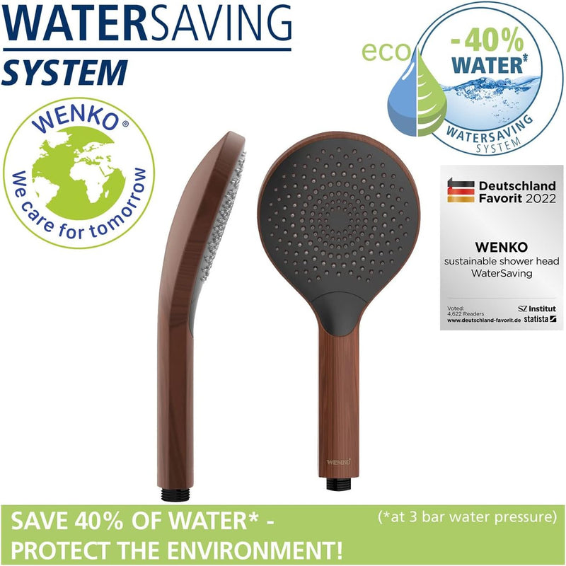 WENKO Duschkopf Watersaving Wood, wassersparende Handbrause in edler Holz-Optik aus Kunststoff, spar