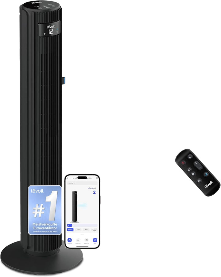 Levoit 25 dB sehr leiser Smart Turmventilator für Schlafzimmer, 7,9 m/s Ventilator, 90° Oszillation