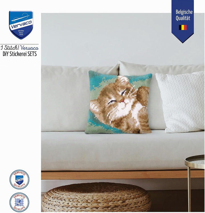 Vervaco Kreuzstichkissen Katze Kreuzstickpackung vorgedruckt, Aida, weiss, 40 x 40 x 0,3 cm