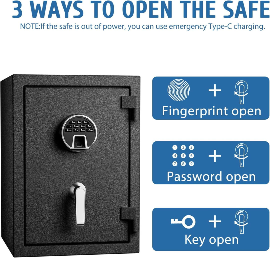 WASJOYE Biometrischer Feuerfester Tresor, Fingerabdruck Möbeltresore mit Digitale Tastatur und Typ-C
