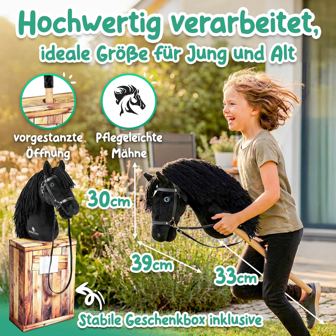 Premium Hobby Horse,Steckenpferd,Stockpferd mit realistischen Augen & Stall‑Karton – Braun oder Schw