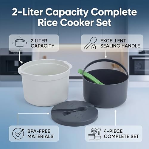 Cocoarm 2L Mikrowellen-Reiskocher-Set, Lebensmittelechtes PP-Material, Reislöffel-Deckelsieb, Dampft
