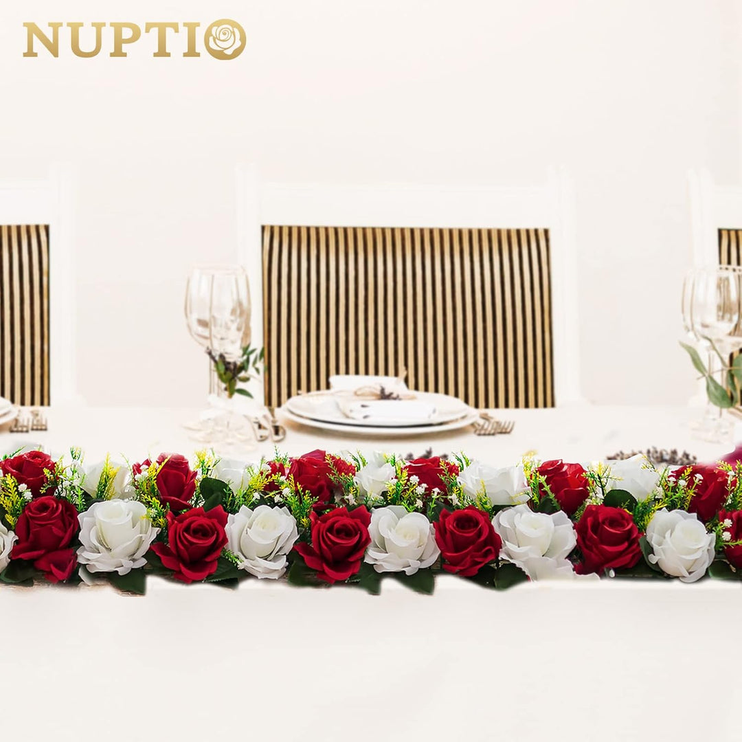 NUPTIO Kunstblumen Mittelstücke für Tische 2 Stück Karminrot Weisse Blumen 50cm Lang Gefälschte Seid