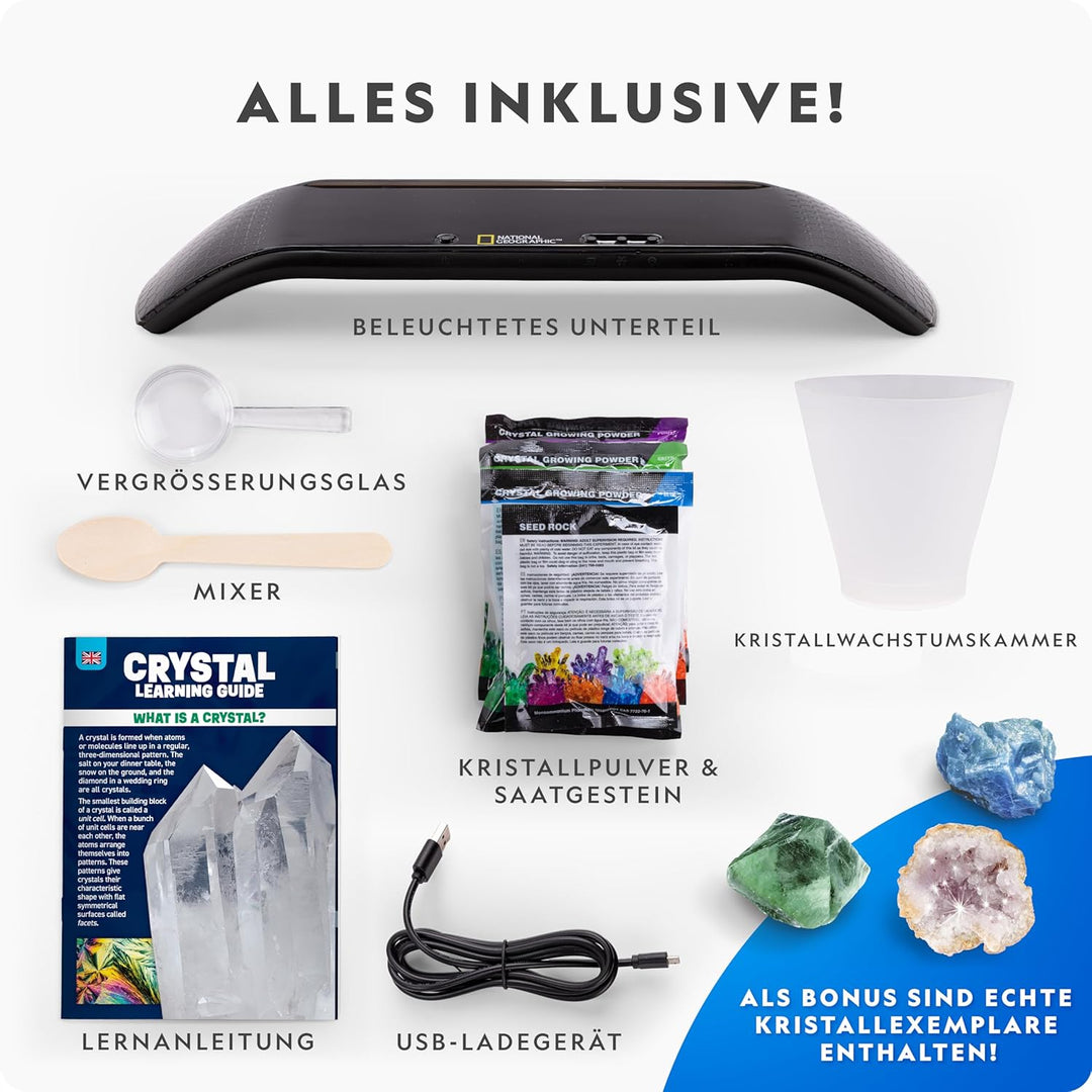 NATIONAL Geographic Kristallzucht-Set – Züchte 3 farbenfrohe Kristalle mit beleuchtetem Ständer & Ha