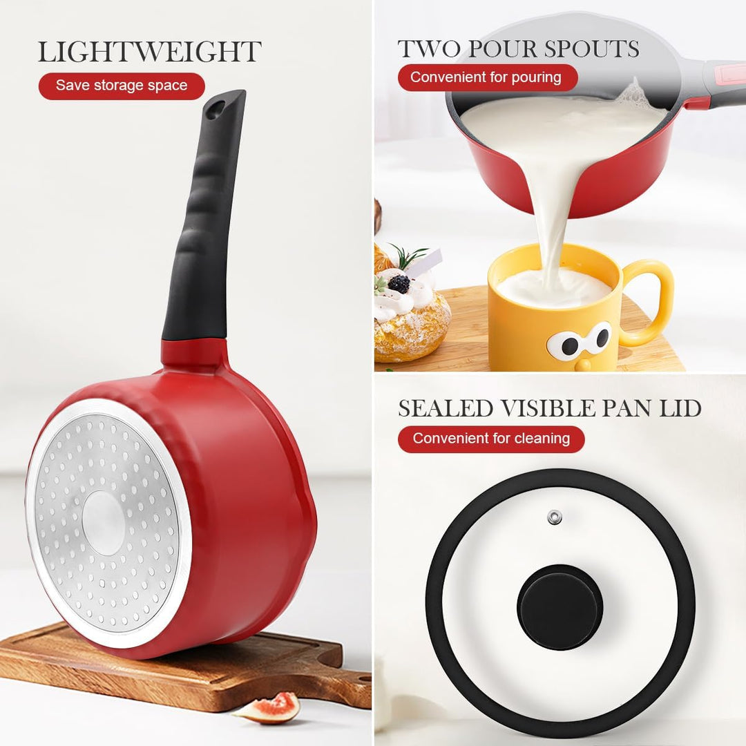 Bobikuke Kasserolle 16cm mit Deckel, 1.5L Antihaft-Stielkasserolle mit Abnehmbarer Griff, Milchtopf
