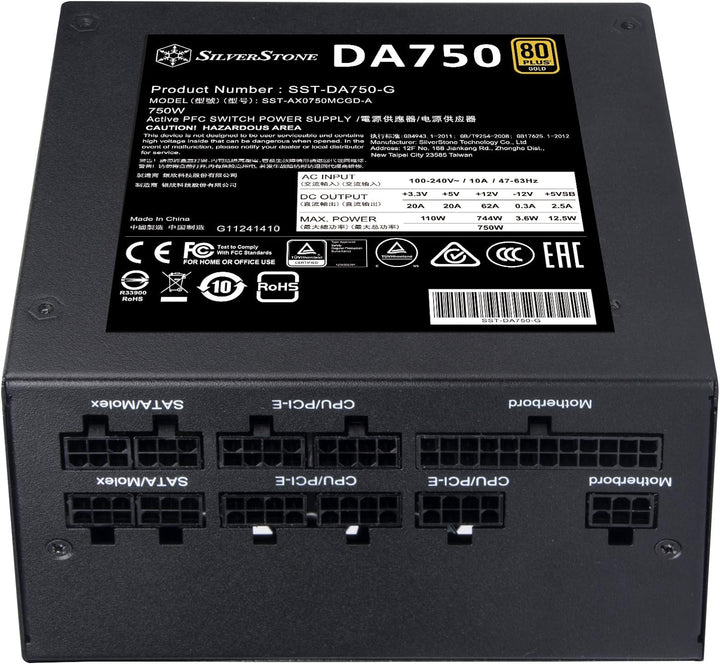 Silverstone DA750 Gold, Vollständig modulares 80-Plus-Gold-ATX-Netzteil mit 750 W, SST-DA750-G
