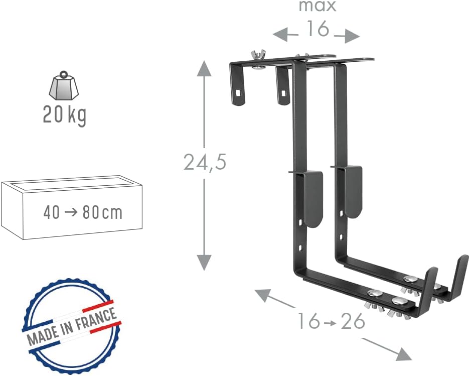 Louis Moulin Blumenkastenhalterungen, Eisen, ergonomisch, 16 bis 26 cm, Anthrazit