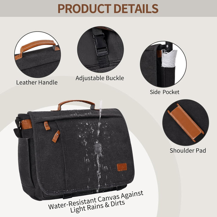 ESTARER Laptoptasche 17 Zoll Umhängetasche Herren Canvas für Arbeit Uni Grau Dunkelgrau 17-17.3 Zoll