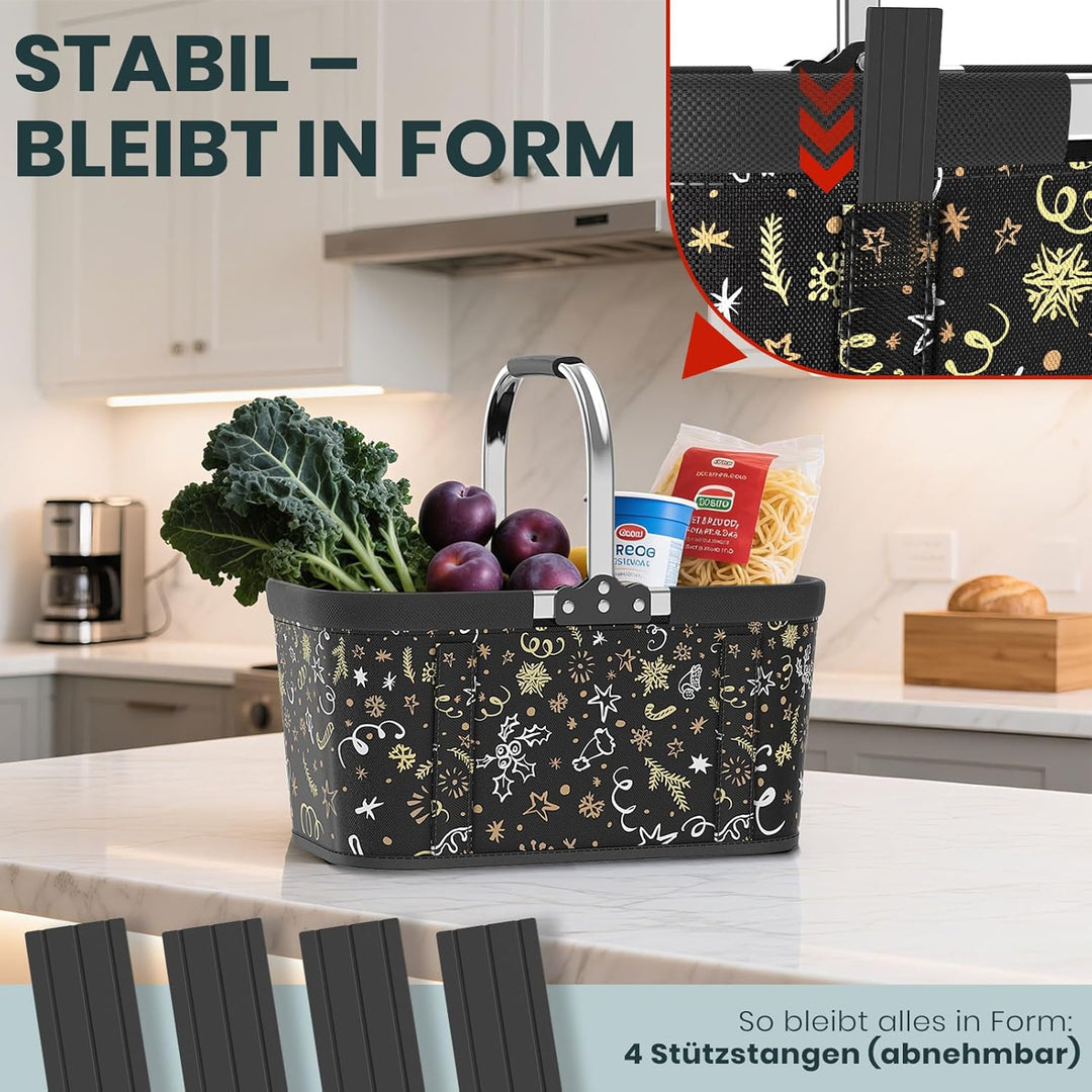 30L Stabiler Einkaufskorb Faltbar mit Stützstäben, Grosser Tragekorb für Weihnachten, Reisen & Pickn