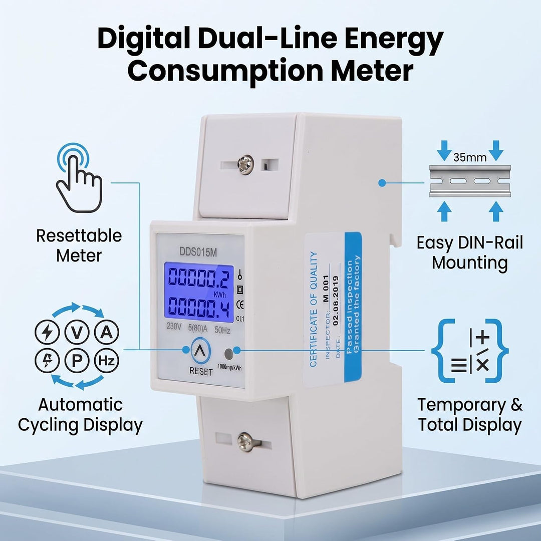 Einphasen-Stromzähler, DDS015M Wattstunden-Energiezähler Digitales DIN-Schienen-KWH-Messgerät, Displ