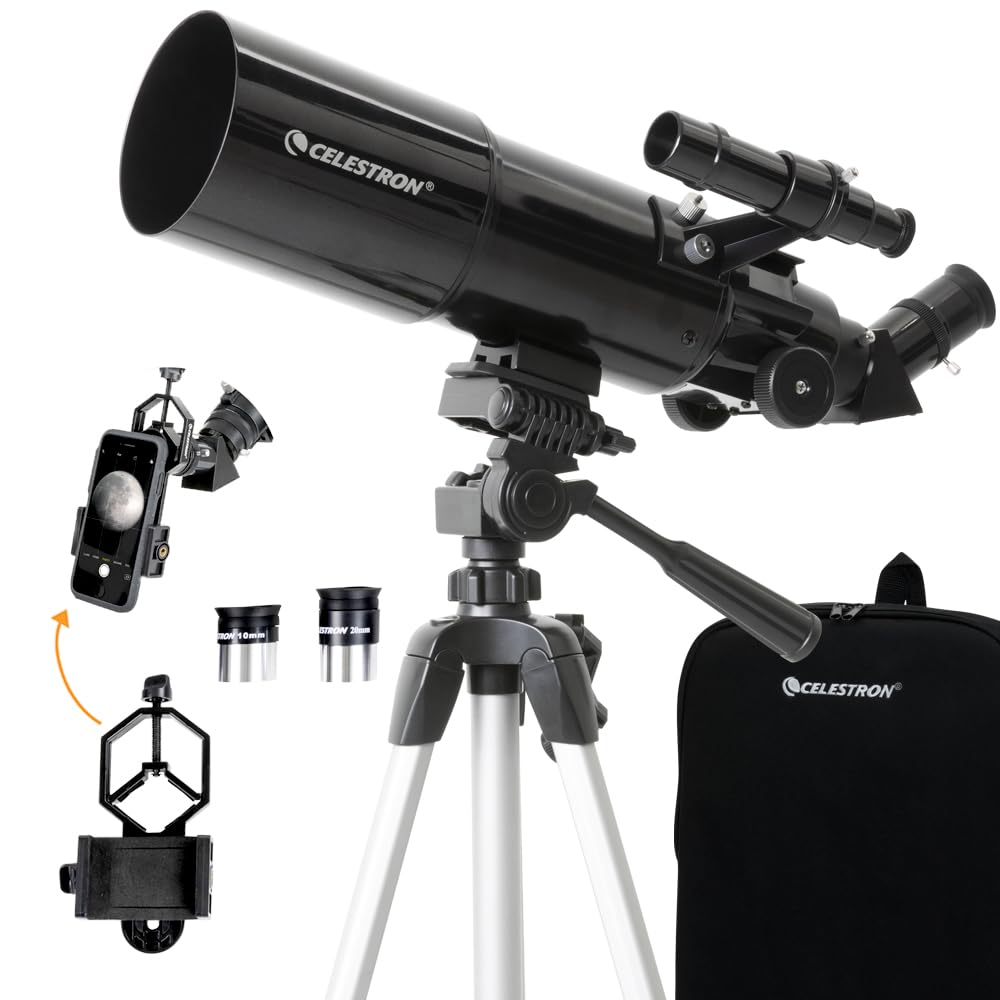 Celestron 22030 Travel Scope tragbares Refraktor-Teleskop 80 mm Linse mit vollvergüteter Glasoptik,