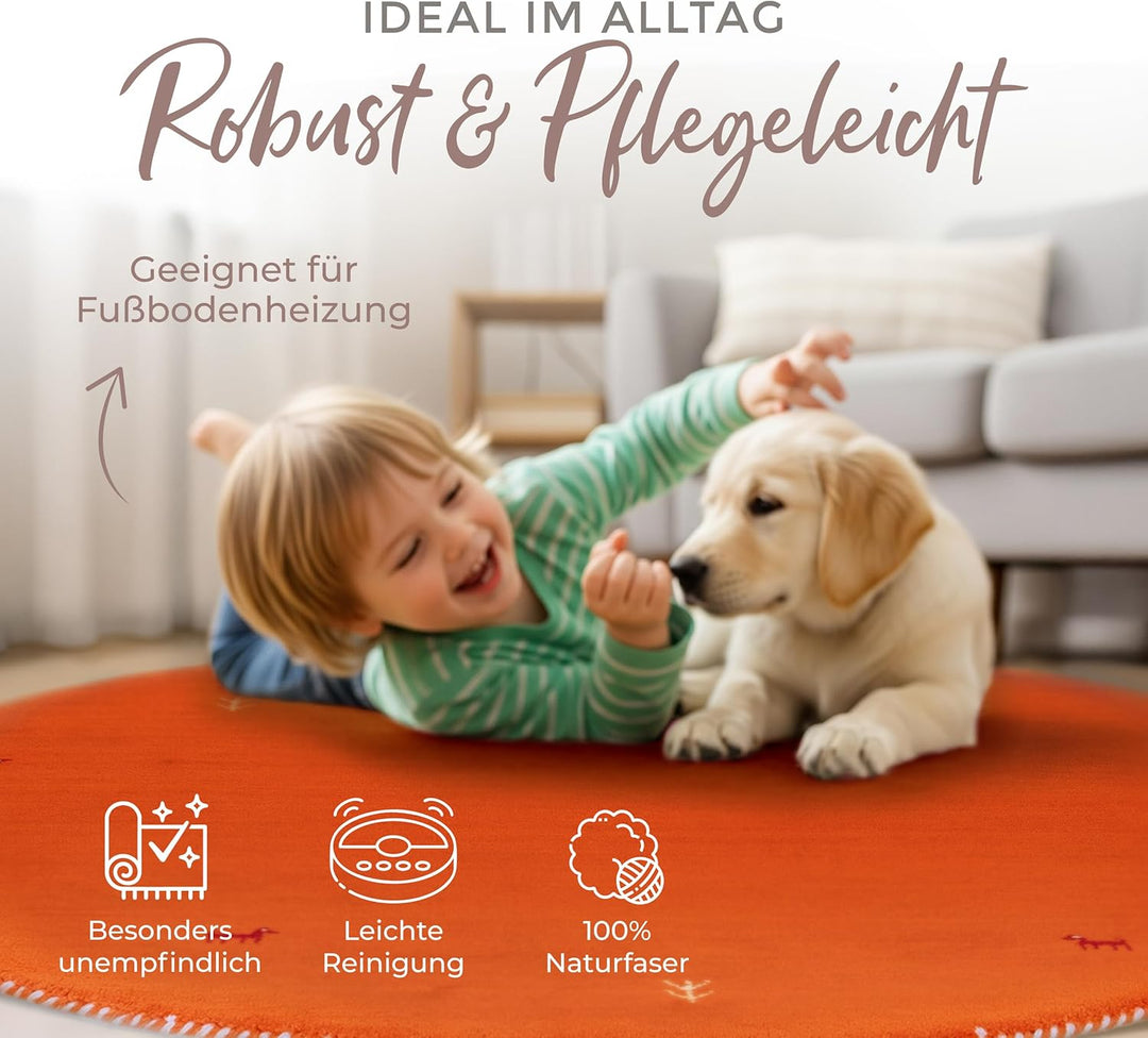 carpetfine Wollteppich Gabbeh Uni Rund Orange Ø 80 | Moderner Teppich für Wohn- und Schlafzimmer Ø 8