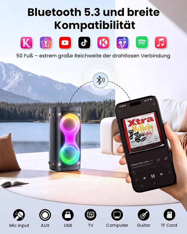 Ankuka Bluetooth Lautsprecher grosse, Partybox mit BT 5.3, 6 Lichtmodi, Mikrofonanschluss, TWS, AUX-