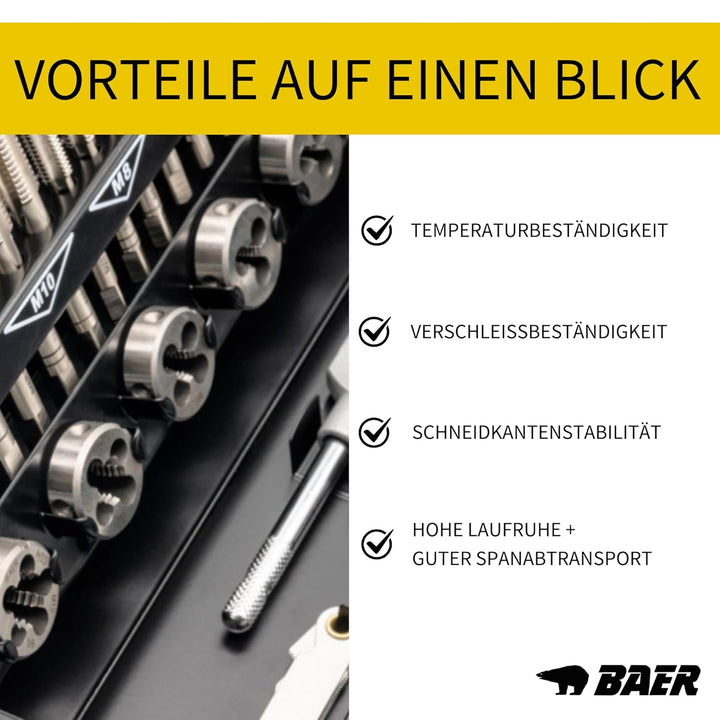 BAER Gewindeschneider Set HSS M3 - M12 - Gewindebohrer - Innengewinde + Aussengewinde - Gewindeschne