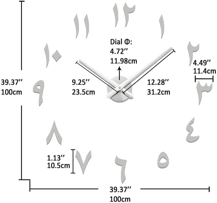 Vangold Arabische Moderne Mute DIY grosse Wanduhr 3D Aufkleber Home Office Decor Geschenk (Silber),