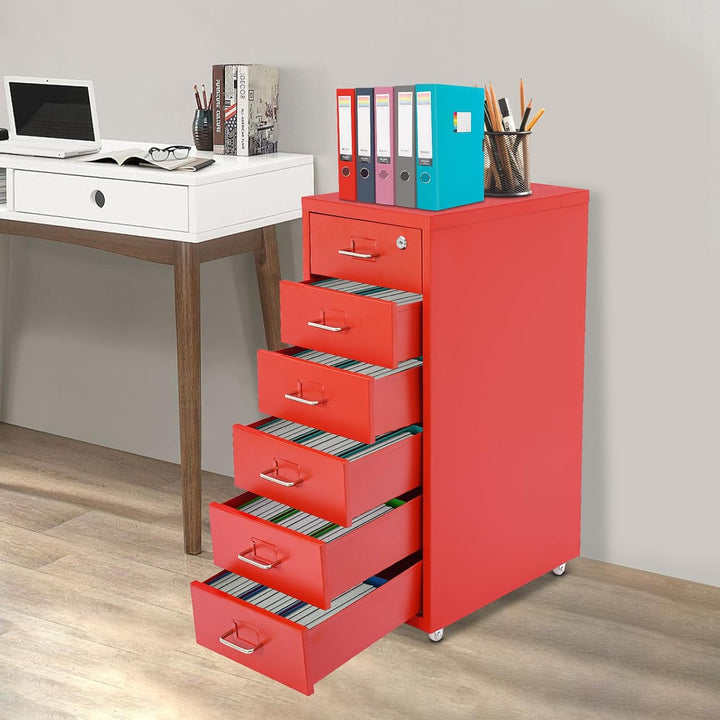 Aktenschrank 6 Schubladen Rollcontainer Abschliessbarer Schrank Rot, Rot