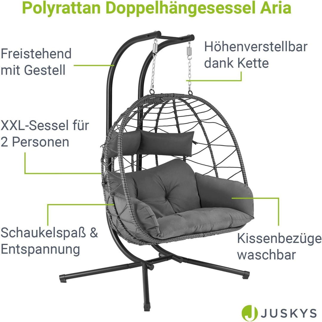 Juskys Doppelhängesessel Aria - Polyrattan Hängesessel mit Gestell & Kissen - Schaukel für Zwei Pers
