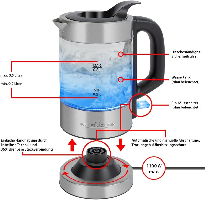 ProfiCook Wasserkocher Edelstahl beleuchtet, 0,5 Liter Mini Wasserkocher mit blauer Beleuchtung, Tee